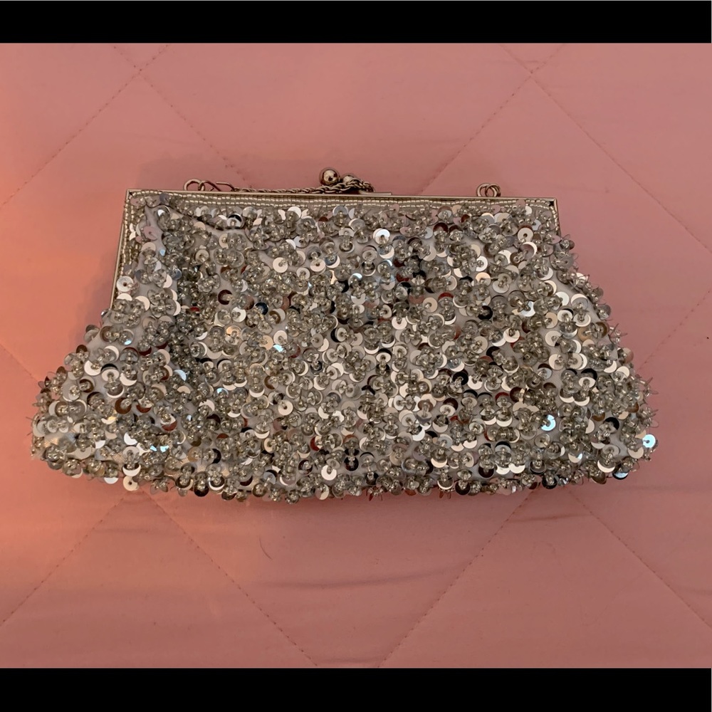 Silver shiny evening clutch